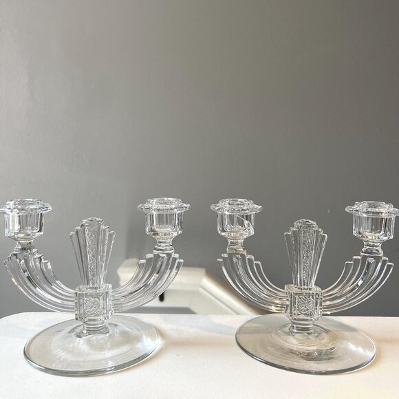 1930s Art Deco Glass Candle Holders Pair | Vintage Double-Arm Crystal Candelabra - Picture 1 of 7
